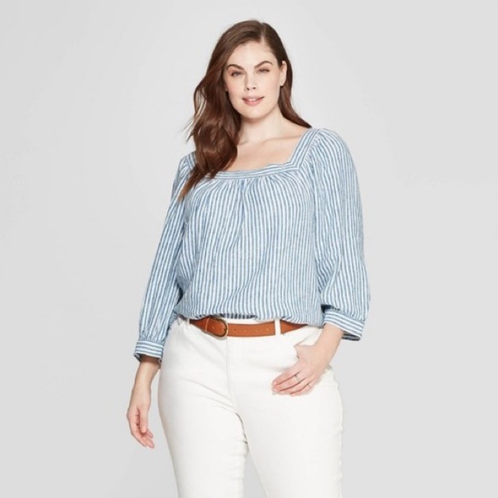 Universal Thread Striped Long Sleeve Square Neck